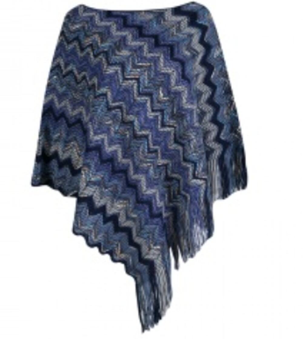 Missoni Blue Multicolor Chevron Fringe Knit Poncho OS